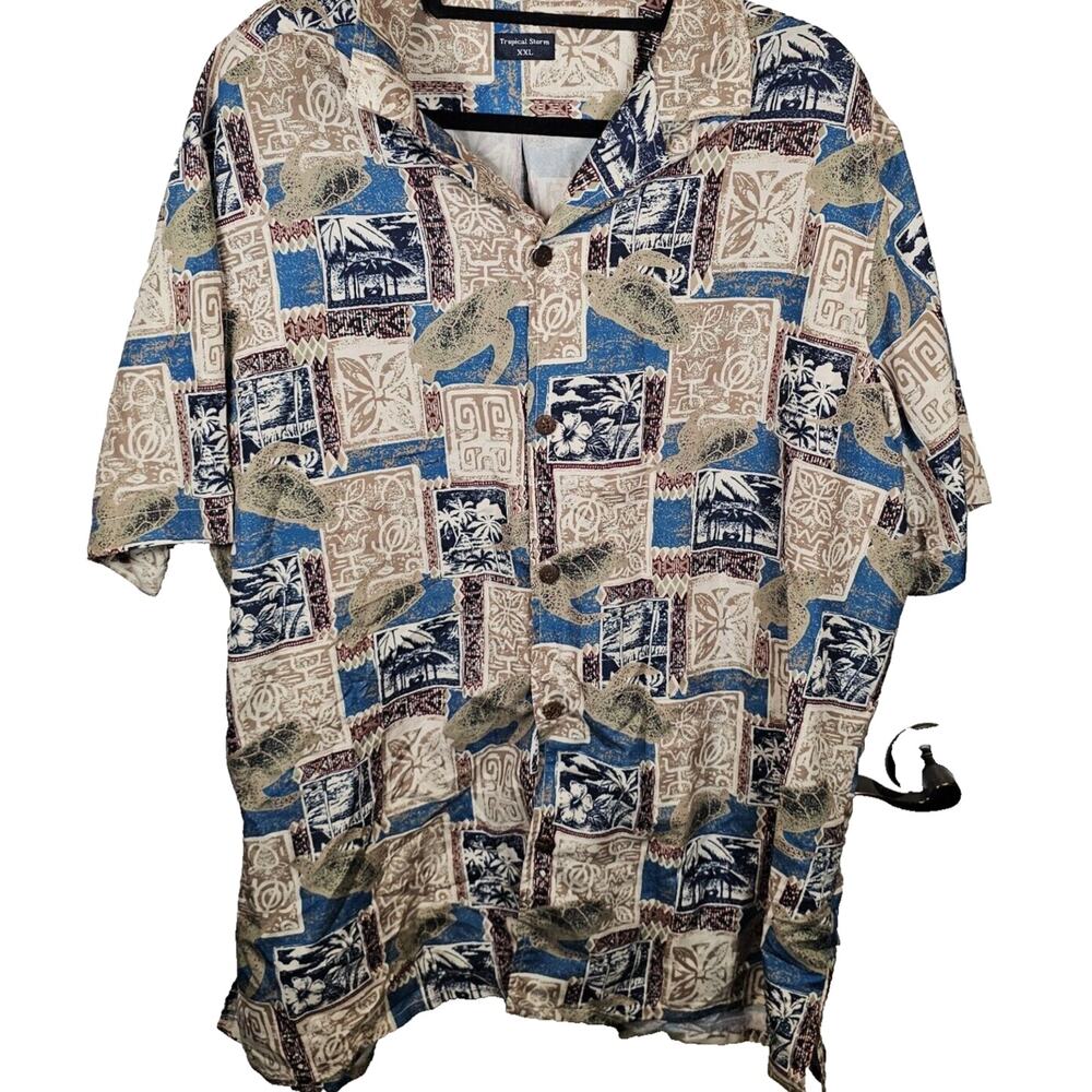 Tropical Storm Shirt Mens 2XL XXL Blue Floral Sea Turtle Tiled Hawaiian Button